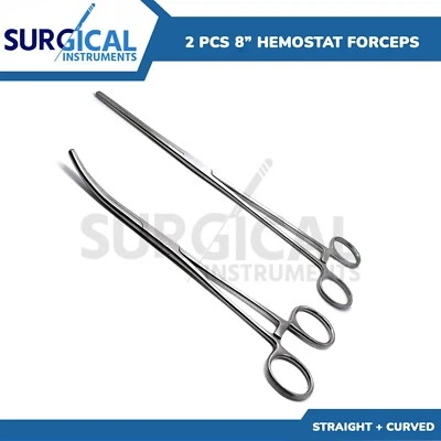 2 Pcs Set 8" Straight + Curved Hemostat Forceps Locking Clamps German Grade - Image 1 of 4