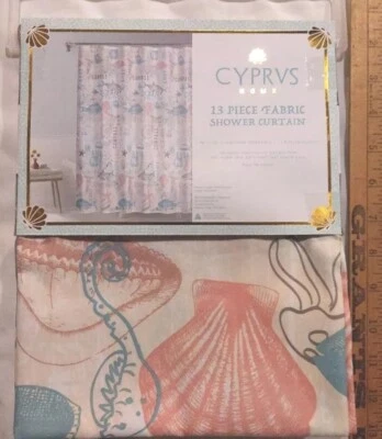 Nautical Coastal Shower Curtain Set w/Hooks Coral Seashell & Ocean Blue - Image 1 of 4