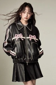 Oversized Pink Bow Black Leather Jacket Coquette y2k Diddi Moda Style - Picture 1 of 4