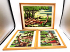 3 Piece Vintage Paint By Number Red Row Boat Lake, Trees Scene Framed 