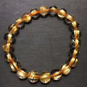Brazalete de cuentas redondas de cristal de cuarzo rutilado dorado natural curación 8,5 mm - Imagen 1 de 6
