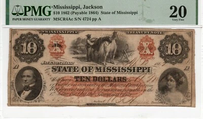 MS CR-4Ac 1862 $10 Mississippi Paper Money - PMG Very Fine 20 - Image 1 of 2