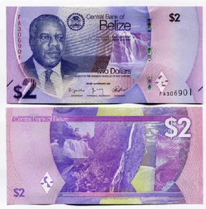Billete nuevo de 2 dólares de Belice 2025 P 73 nuevo diseño FA prefijo UNC - Imagen 1 de 2