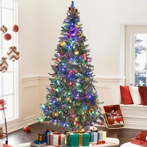 6,5 Fuß Pre-Lit Bleistift Künstlicher Weihnachtsbaum LED Lichter Metallsockel Grün/Rosa - Bild 1 von 46