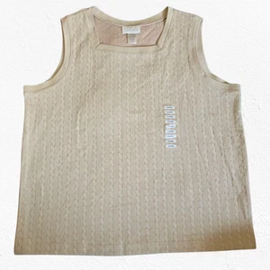 1990s Vintage Beige Cable Knit Sleeveless Top Square Neck Sweater Vest Size XL - Picture 1 of 8