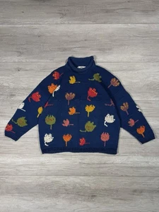AMANO Handmade Vintage Cotton Autumn Leaves Knitted Sweater Oversized Blue - Picture 1 of 12