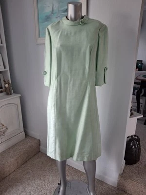 Vtg 1950s Nubbed Silk Dress Soft Mint Green Mother Of The Bride Cocktail Party  - Image 1 of 4