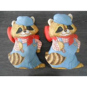 Vintage Handmade Pillow Set Racoon Wearing Blue Overalls - Picture 1 of 2