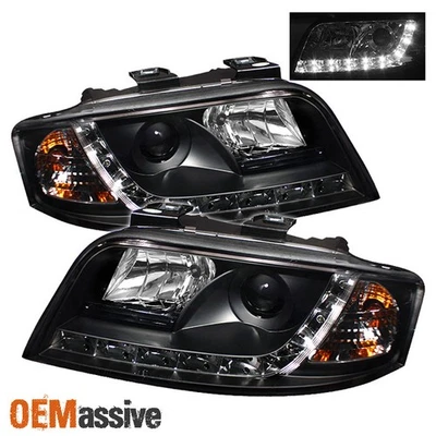 Fits 02-04 Audi A6 Black R8 Style DRL Daylight LED Strip Projector Headlights - Imagem 1 de 2