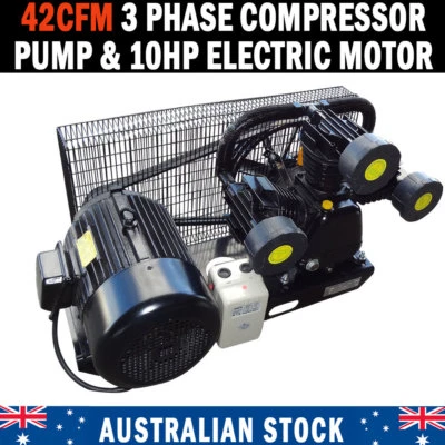 NEW 42CFM 3 PHASE COMPRESSOR PUMP & 10hp ELECTRIC MOTOR FULL SETUP MINUS TANK - image 1 of 4