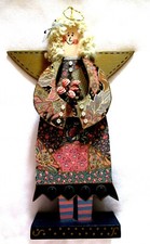Vintage Handmade 14" Wooden Angel Doll On Stand- Glued On Roses, Hair & Clothes