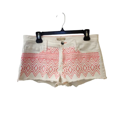 Roxy White Neon Bright Pink Tribal Embroidered Jean Shorts Size 11 Low Rise - Image 1 of 4