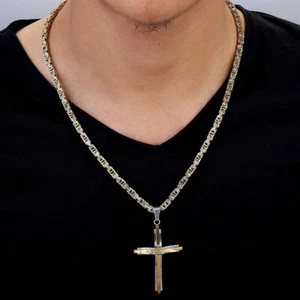 Silver+Gold Plated Cross Pendant Necklace Stainless Steel Byzantine Chain Xmas - Picture 1 of 16