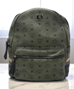 MCM Visetos Auth Munich Lion Backpack Studs Shoulder Bag Green w/ Dust bag, Card - Picture 1 of 10