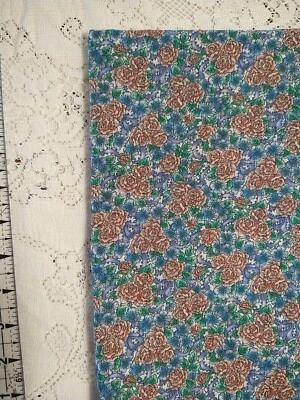 Vintage Blue with Pink Roses Cotton Fabric 24"L x44"W - Image 1 of 4