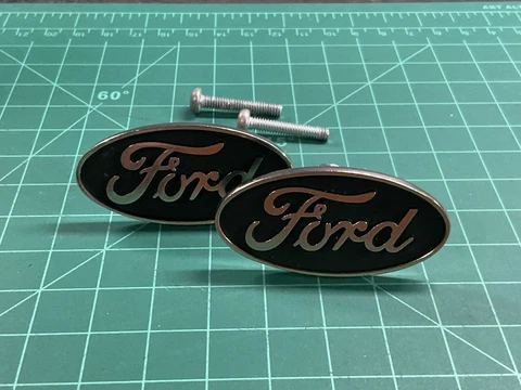 Pair Ford Motors Drawer Cabinet Knob Pulls Polished Metal with Black Background Cover