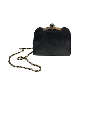 Bolsa de noite vintage de couro preto com alça de corrente dourada e fecho de pedra preciosa - Imagem 1 de 4