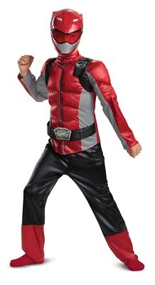 Licenced Kids Beast Morphers Power Rangers Fancy Dress Red Ranger Muscle Costume - Image 1 of 4
