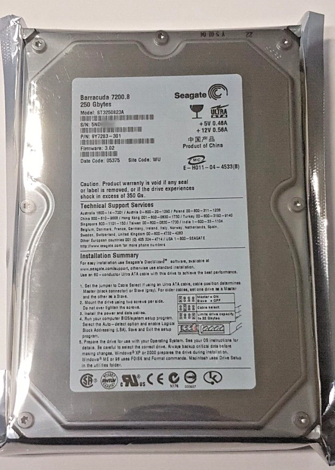 250 GB IDE Seagate Barracuda 7200.8 ST3250823A P-ATA 8MB HDD 3.5" Festplatte Neu - Bild 1 von 1