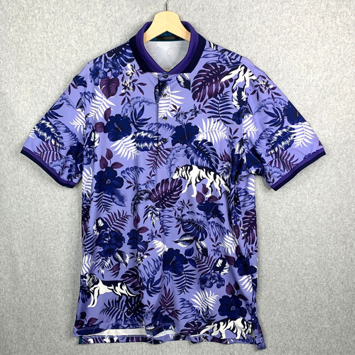 Greyson Polo Shirt Mens Large Blue Purple Floral Wolf Jungle Print Golf