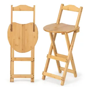 Giantex 2-Pack Folding Bamboo Bar Stools Wooden Counter Height Dining Chairs No - Picture 1 of 7