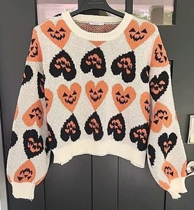 Heart You, Pumpkin Sweater Women's Large Halloween Orange & Black Long Sleeve - Picture 1 of 5