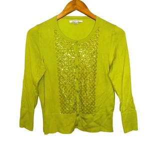 L.K. Bennett Women's Size Medium Long Sleeved Cardigan Lime Green Beaded Silk - Picture 1 of 15
