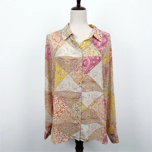 Rose & Olive Top Womens XL Pink Yellow Patchwork Print Button Up Sheer Bohemian - Picture 1 of 13