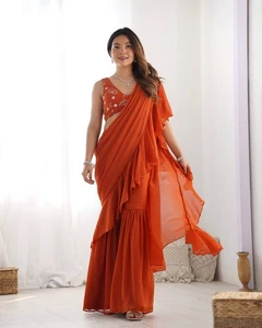 Orange Faux Georgette Ready To Wear Sharara Saree With Fully Stitched Blouse - Picture 1 of 10