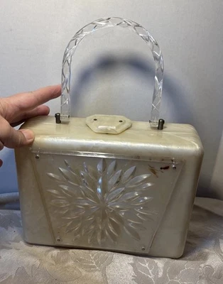 Lucite Box Purse Vintage 1950s Pearlized Marbled Cream Clear Twist Handle - Image 1 of 4