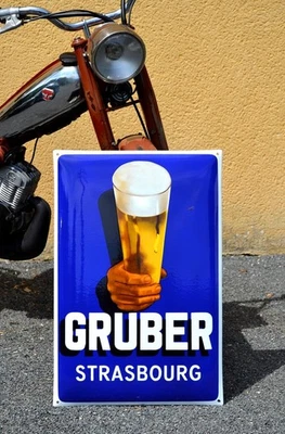 Plaque émaillée BIERE GRUBER strasbourg enamel sign emailschild - Photo 1/4