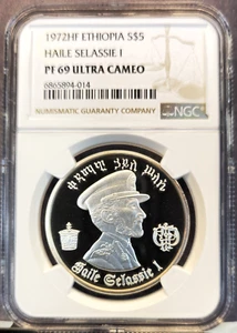 1972 ETHIOPIA SILVER 5 BIRR HAILE SELASSIE I NGC PF 69 ULTRA CAMEO SCARCE - Picture 1 of 3