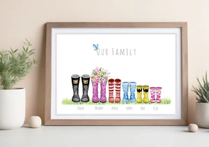 Our Family Wellies Picture with Pets Dogs Cats, Gift for Mum Dad Gra - Picture 1 of 11