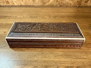 antique box, carved wood, inlay, elephant decor, Indochina early 20th century - Picture 1 of 10