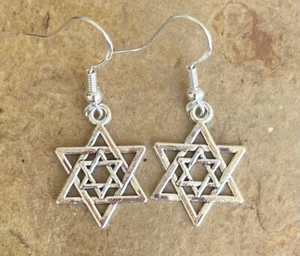 Jewish Star of David Charm Dangle Earrings .925 Sterling Silver Ear Hooks - Picture 1 of 4