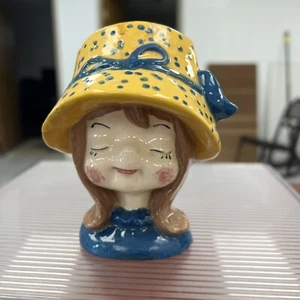 VTG Head Vase Girl Blue And Yellow Hat, Granny Cottage Core - Picture 1 of 17
