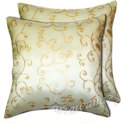 2 Thai Silk Decor Throw Pillow Cushion Cover Cases Sofa Floral Ivory 16x16 - Image 1 of 2