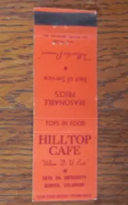 DENVER, COLORADO MATCHBOOK COVER: HILLTOP CAFÉ VACÍO AÑOS 40 MATCHCOVER -A - Imagen 1 de 1