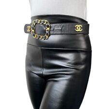 CHANEL Vintage CC Mark Logo Belt #70/28  Black Gold Leather Metal Rank AB