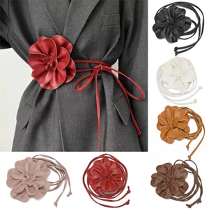 Women Self-Tie Rope Leather Flower Waist Belt Tassel Decorative Dress Waistband - Picture 1 of 28