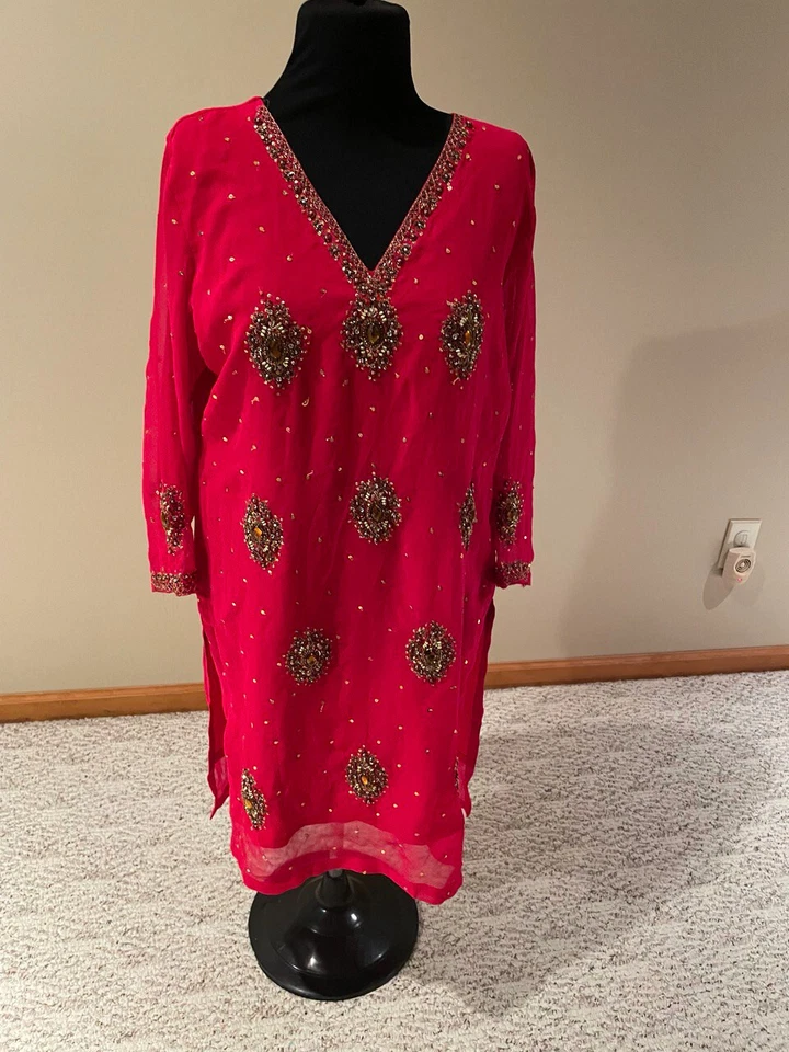 Damas Fiesta Rojo Con Cuentas Doradas Largo Paquistaní Vestido Camisa Talla M Foto 1 de 4