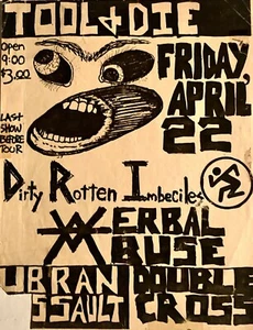 D.R.I VERBAL ABUSE URBAN ASSAULT RARE VINT 1983 FLYER 22.04.1983 TOOL & DIE SF CA - Bild 1 von 2