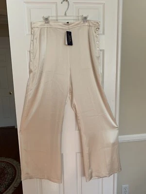 NUEVO CON ETIQUETAS RALPH LAUREN Crema Sedoso Satén Pierna Ancha Pantalones de Vestir, Forrados, Botones Laterales 14 Foto 1 de 4