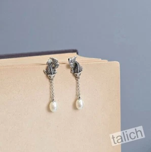 Antique 925 Sterling Silver Lucky Koi Fish Post Earrings with White Pearl Drop - Picture 1 of 6