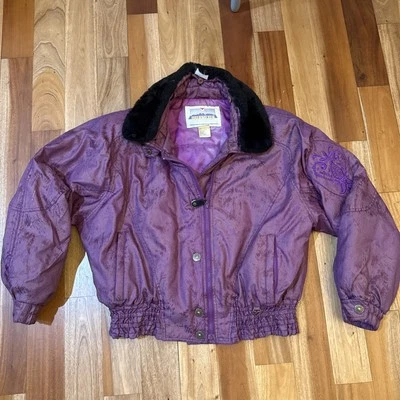 Chaqueta de esquí Obermeyer de colección para mujer talla 14 exterior púrpura estampado años 80 cuello de piel sintética Foto 1 de 4