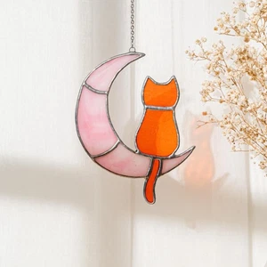 Gatto sulla luna vetro colorato, decorazione gatto, macchiato a mano, arte gatto colorato - Foto 1 di 9