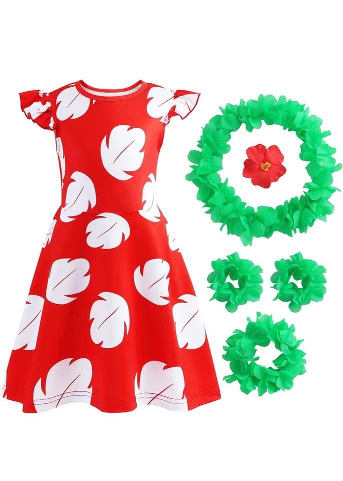 Lilo Hawaiian Little Girls Costume Dress w/Luau Flower Leis Party Sz. 5-6/130 - Image 1 of 4