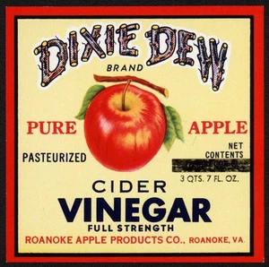 Vintage label DIXIE DEW Cider Vinegar apple pictured Roanoke Virginia n-mint+ - Picture 1 of 2
