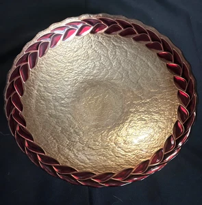 Vietri Turkey Gold w Red Laurel Leaf Rim Art Glass Bowl 12 1/2” w Label - Picture 1 of 4