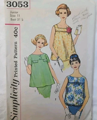 Simplicity 3053 Maternity Tops Jr Sz 11 B 31.5" Uncut Sew Pattern Vtg 1959 - Image 1 of 4